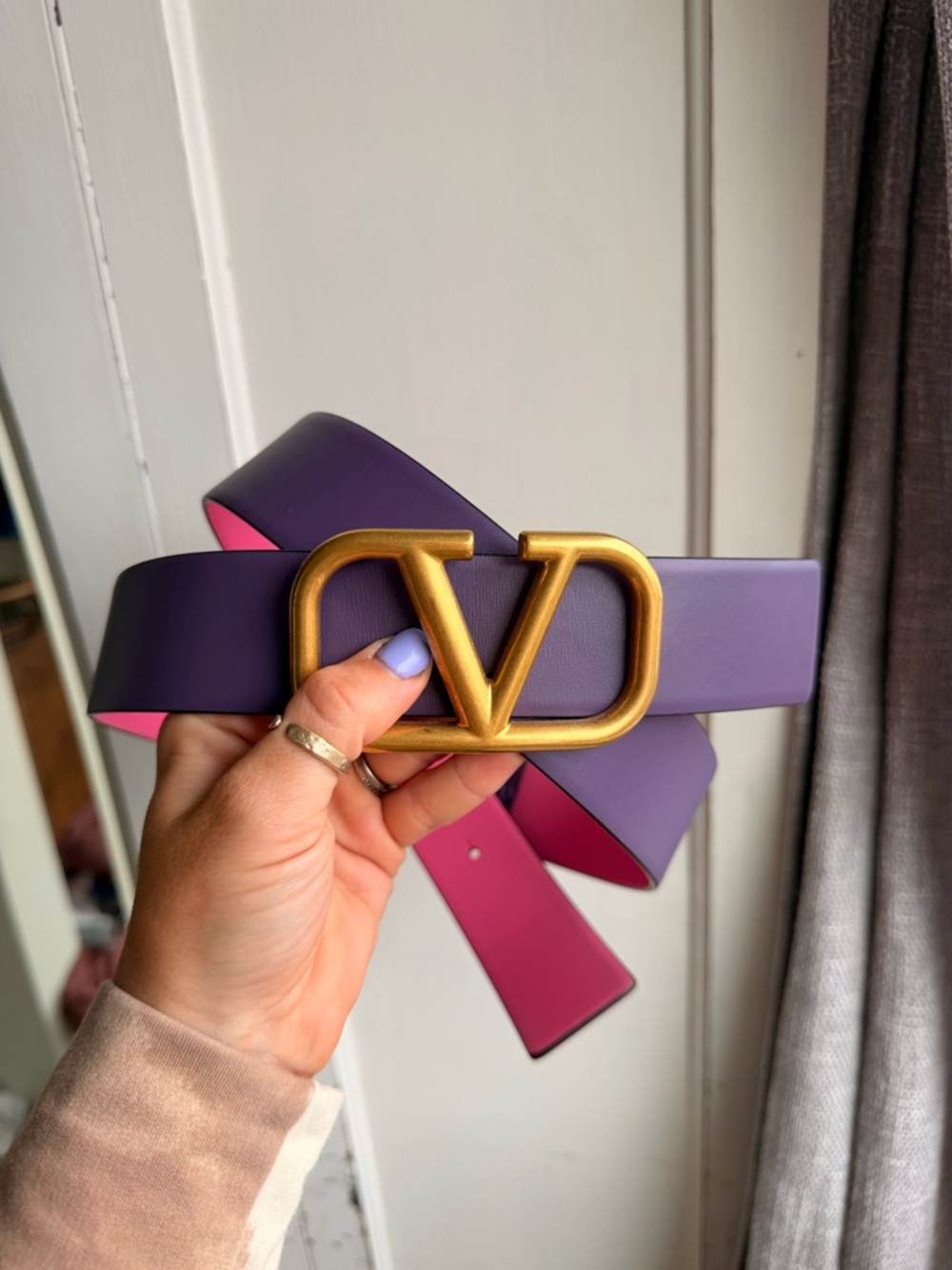 Valentino Garavani Purple and Pink Leather Belt with Gold V Logo Buckle